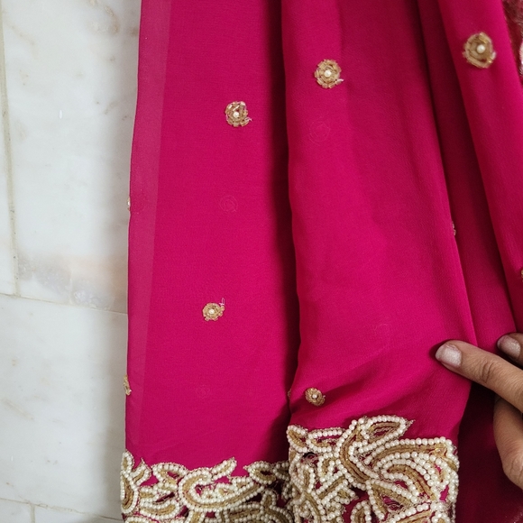 Hot Pink Saree with Pearls Work - Picture 10 of 14